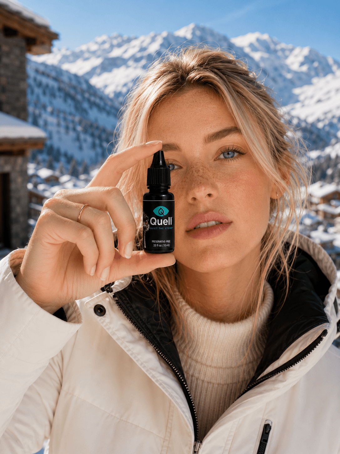 A person outdoors in snowy mountains holding a bottle of Quell beside their eye
